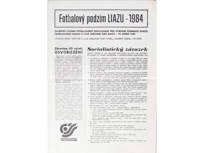 Program, Fotbalový podzim TJ Liaz Jablonec, 1984