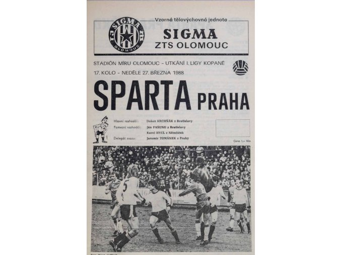 Program , Sigma ZTS Olomouc v. Sparta Praha, 1988, 2