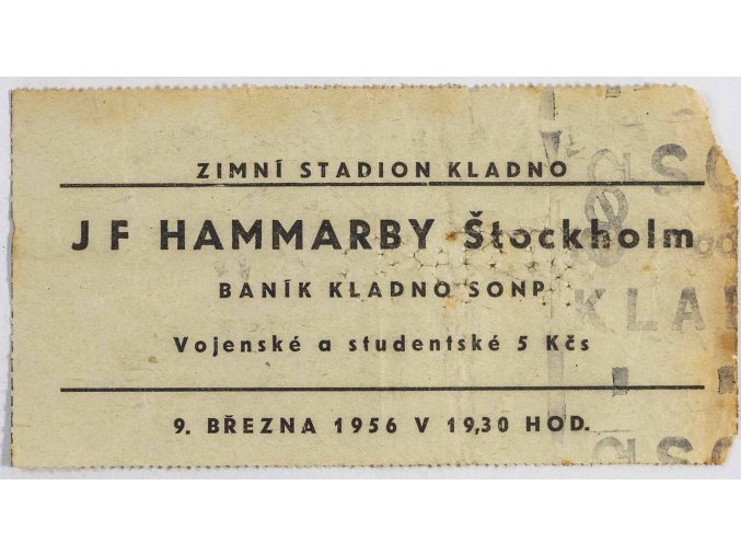 Vstupenka hokej, Banik Kladno SONP v. JF Hammarby Stockholm, 1956