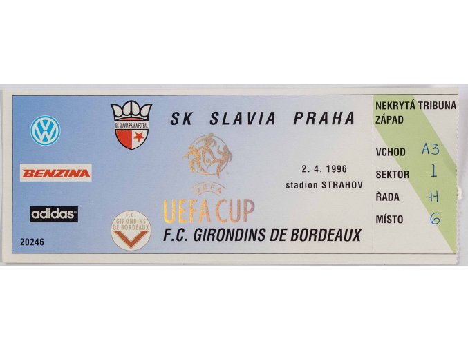 Vstupenka SK Slavia Praha vs. F.C.Girondis Bordeaux 12 UEFA 1996 II (1)
