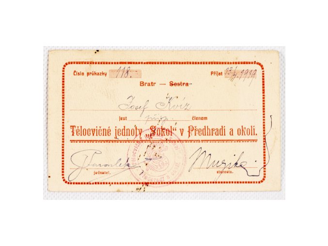Průkaz Tělocvičné jednoty Sokol v Předhradí a okolí, 1919DSC 7310