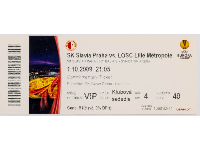 Vstupenka fotbal SK Slavia Praha vs. Losc Lille Métropole, 2009 (1)