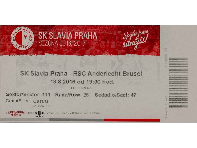Vstupenka fotbal SK Slavia Praha vs. RSC Anderlecht Brusel, 2016 (1)