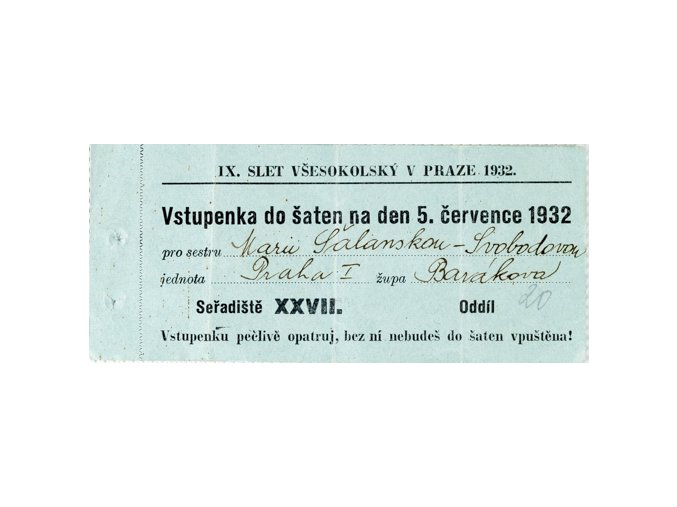 Vstupenka do šaten IX. všesokolský slet v Praze, 1932Vstupenka do šaten IX. všesokolský slet v Praze, 1932