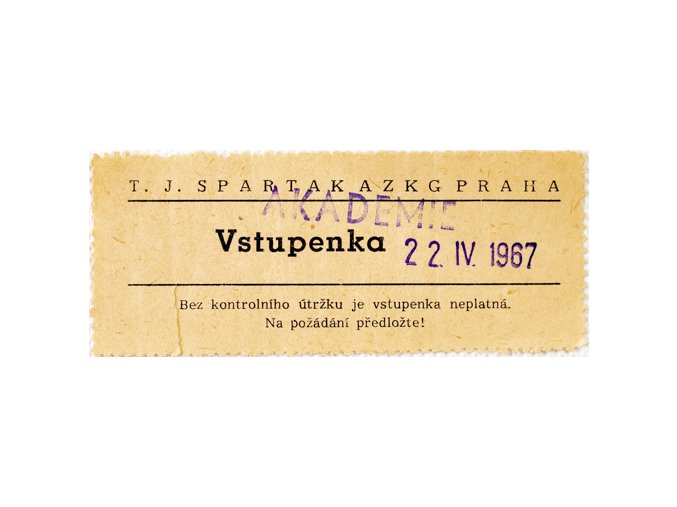 Vstupenka SPARTAK AZKG Praha, Akademie 22.IV.1967Vstupenka SPARTAK AZKG Praha, Akademie 22.IV.1967