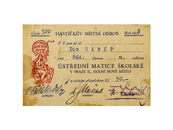 Členská legitimace Ústřední matice školské, 1935Členská legitimace Ústřední matice školské, 1935