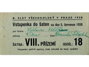 Vstupenka X. všesokolský slet v Praze, do šaten na 5.VII..1938