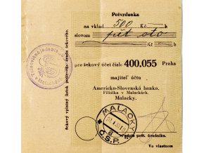 Potvrzenka Sokol o vkladu 500 Kč, 1930
