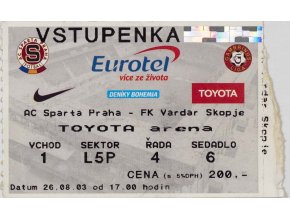 Vstupenka fotbal, AC Sparta Praha v.Vardar Skopje, 2003