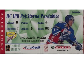 Vstupenka hokej, HC Pardubice v. HC Slavia Praha , 1999