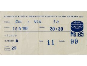 Vstupenka permanentka kupon, MS hokej Praha, CAN v. USA, 1985 (1)