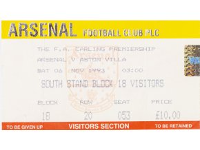 Vstupenka fotbal, Arsenal London v.Aston Villa, 1993