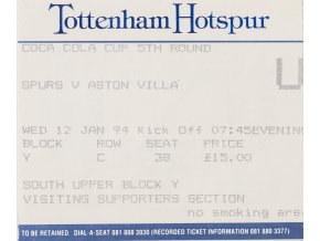 Vstupenka fotbal, Tottenham Hotspur v.Aston Villa, 1994