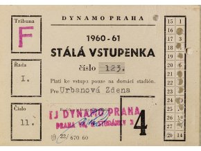 Volná vstupenka klubu Dynamo Praha ( S.K.SLAVIA PRAHA ) na sezonu 1960 61 (2)