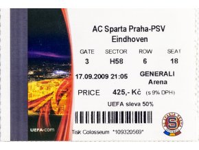 Vstupenka UEFA , Sparta Praha v. PSV Eindhoven, 2009