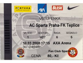 Vstupenka fotbal , Sparta Praha v. FK Teplice, 2008