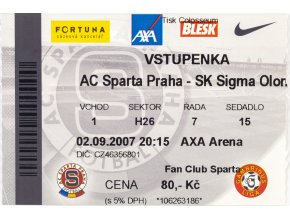 Vstupenka fotbal , Sparta Praha v. SK Sigma Olomouc, 2008