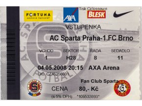 Vstupenka fotbal , Sparta Praha v. 1. FC Brno, 2008