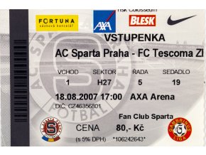 Vstupenka fotbal , Sparta Praha v. TC Zlín, 2007