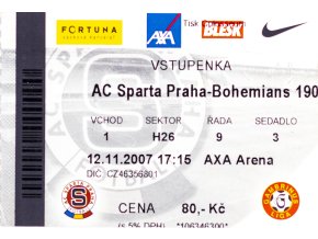 Vstupenka fotbal , Sparta Praha v. Bohemians, 2007