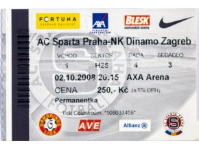 Vstupenka UEFA , Sparta Praha v.NK Dinamo Zagreb, 2008