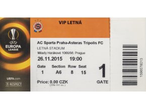 Vstupenka UEFA , Sparta Praha v. Asteras Tripolis FC, 2015