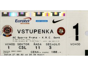 Vstupenka UEFA , Sparta Praha v.KRC Genk, 2002
