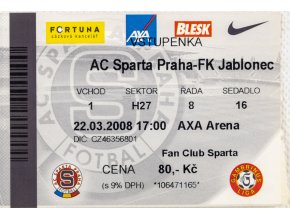 Vstupenka fotbal , Sparta Praha v. FK Jablonec, 2008