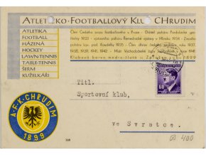 Korespondenční lístek , potvrzeni, Aleticko Footbalový klub Chrudim, 1943 (1)