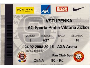 Vstupenka fotbal , Sparta Praha v. Viktoria Žižkov, 2008