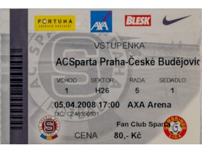 Vstupenka fotbal , Sparta Praha v. České Budějovice, 2008