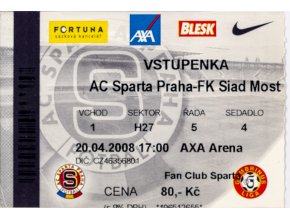 Vstupenka fotbal , Sparta Praha v. FI Siad Most, 2008
