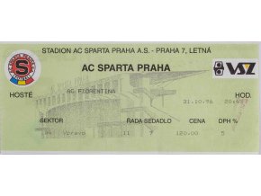 Vstupenka UEFA , Sparta Praha v. AC Fiorentina, 1996