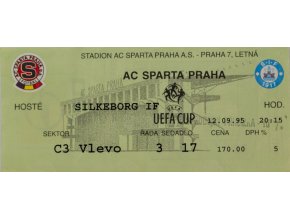 Vstupenka UEFA , Sparta Praha v. Silkeborg IF, 1995