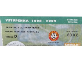 Vstupenka UEFA , SK Kladno v. Sparta Praha, 2008
