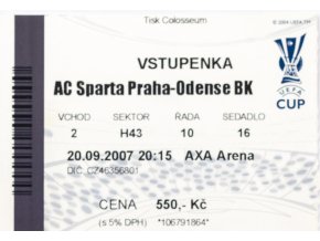 Vstupenka fotbal , Sparta Praha v. Odenske BK, 2007