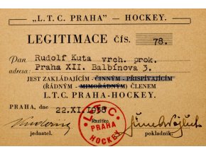 Legitimace hockey klubu L.T.C. PRAHA z roku 1938