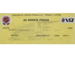 Vstupenka UEFA , Sparta Praha v. České Budějovice, 1997