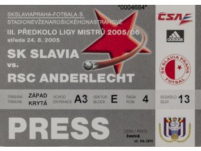 Vstupenka fotbal SK Slavia Prague vs. RSC Anderlecht , PRESS, 2005 (1)