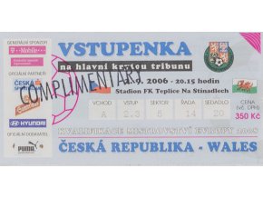 Vstupenka fotbal česká rep. v. Wales, Q ME, 2006