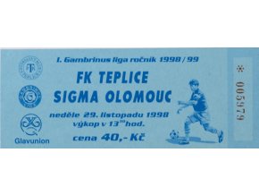 Vstupenka FK Teplice v. SK Sigma Olomouc, 1998