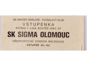 Vstupenka Sk Hradec Kr. v. SK Sigma Olomouc, 1997