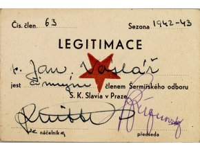 Legitimace člena šermířského odboru klubu S.K.SLAVIA PRAHA z roku 1942 43