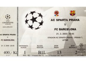 Vstupenka AC Sparta v. Barcelona FC, CHL, 2000