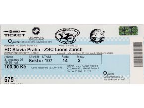 Vstupenka, HC Slavia Praha v. ZSC Lions Zurich, 2008