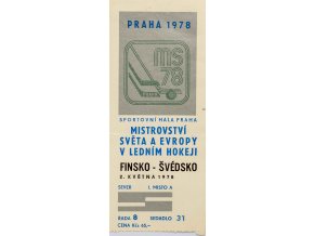 Vstupenka hokej Praha 1978, Finsko v. Švédsko, utržená
