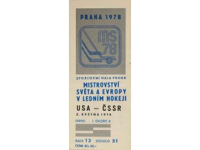 Vstupenka hokej Praha 1978, USA ČSSR, utržená