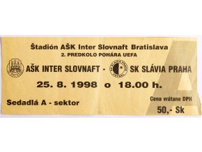 Vstupenka fotbal, Slovnaft Bratislava v. SK Slavia Praha, UEFA 99 (1)