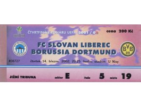Vstupenka EUFA, FC Slovan Liberec vs. Borussia Dortmund, 2002