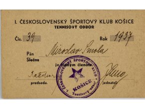 Průkaz členský Tennisový odbor, Košice, 1937